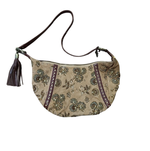 Mary Frances Velvety Vegan Leather Floral Beaded Hobo/Boho Crossbody Bag - Picture 2 of 10